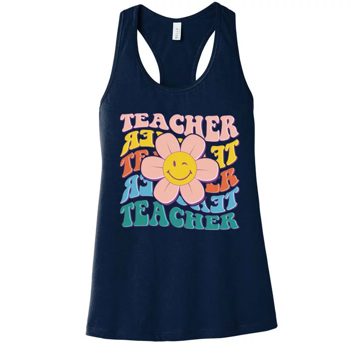 Retro Hippie Teacher Flower Smiley Emoji Women's Racerback Tank