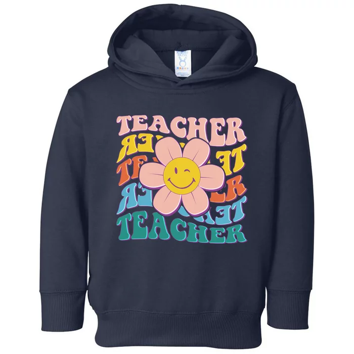 Retro Hippie Teacher Flower Smiley Emoji Toddler Hoodie