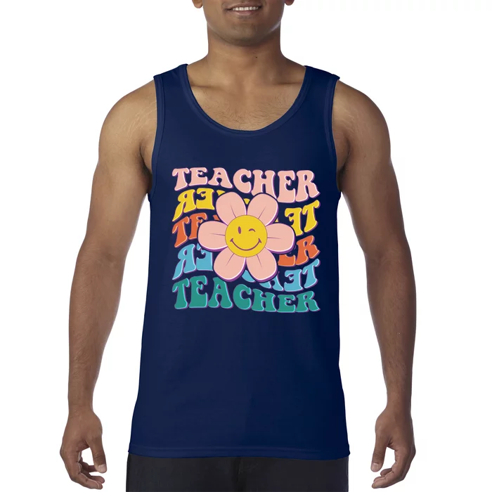 Retro Hippie Teacher Flower Smiley Emoji Tank Top