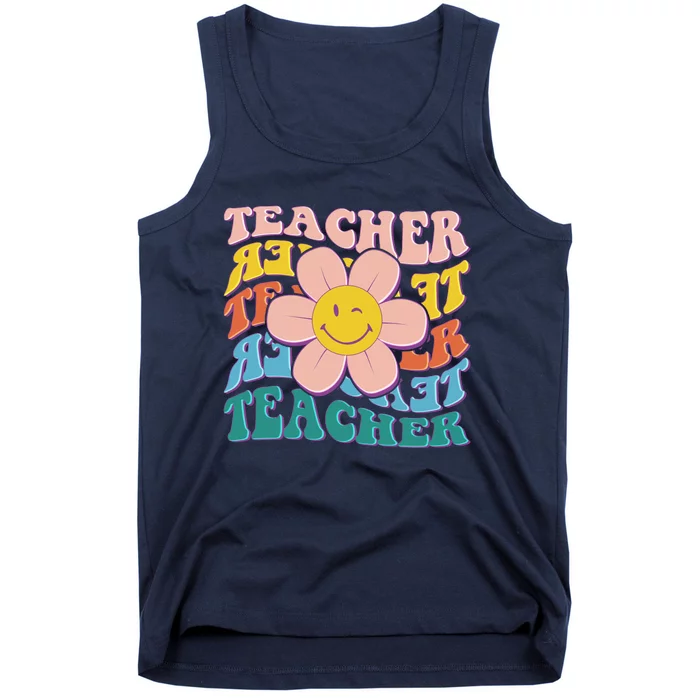 Retro Hippie Teacher Flower Smiley Emoji Tank Top