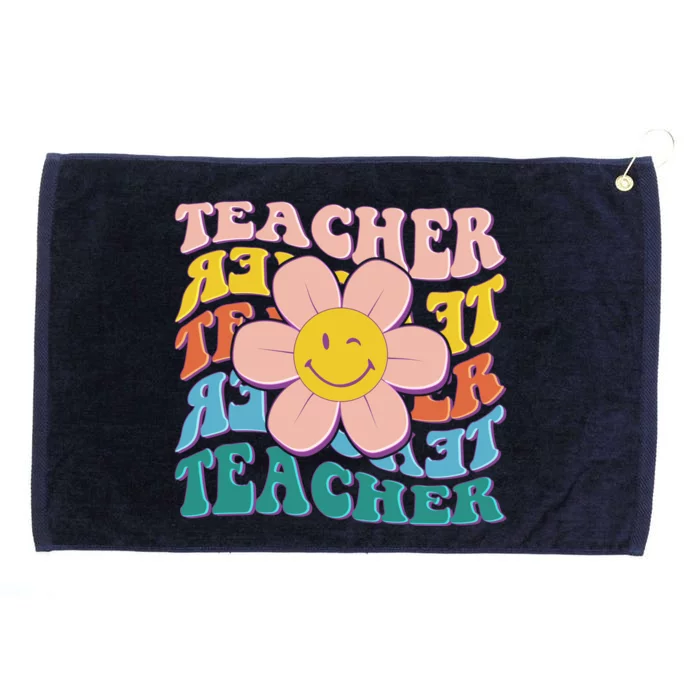 Retro Hippie Teacher Flower Smiley Emoji Grommeted Golf Towel