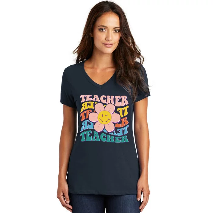 Retro Hippie Teacher Flower Smiley Emoji Women's V-Neck T-Shirt