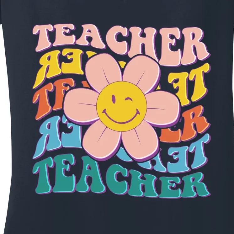 Retro Hippie Teacher Flower Smiley Emoji Women's V-Neck T-Shirt