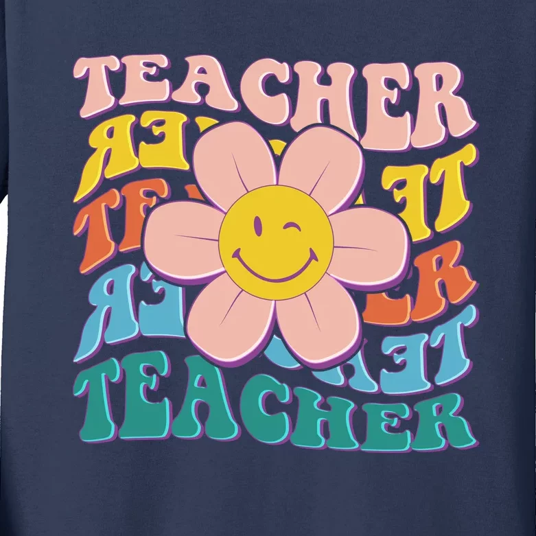 Retro Hippie Teacher Flower Smiley Emoji Kids Long Sleeve Shirt