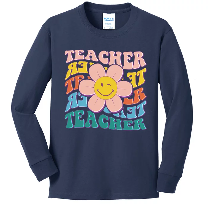 Retro Hippie Teacher Flower Smiley Emoji Kids Long Sleeve Shirt