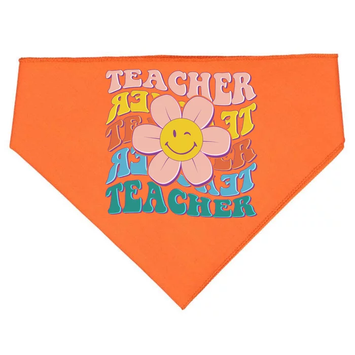 Retro Hippie Teacher Flower Smiley Emoji USA-Made Doggie Bandana