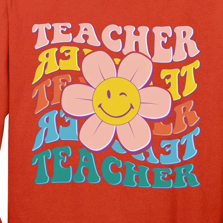 Retro Hippie Teacher Flower Smiley Emoji Long Sleeve Shirt