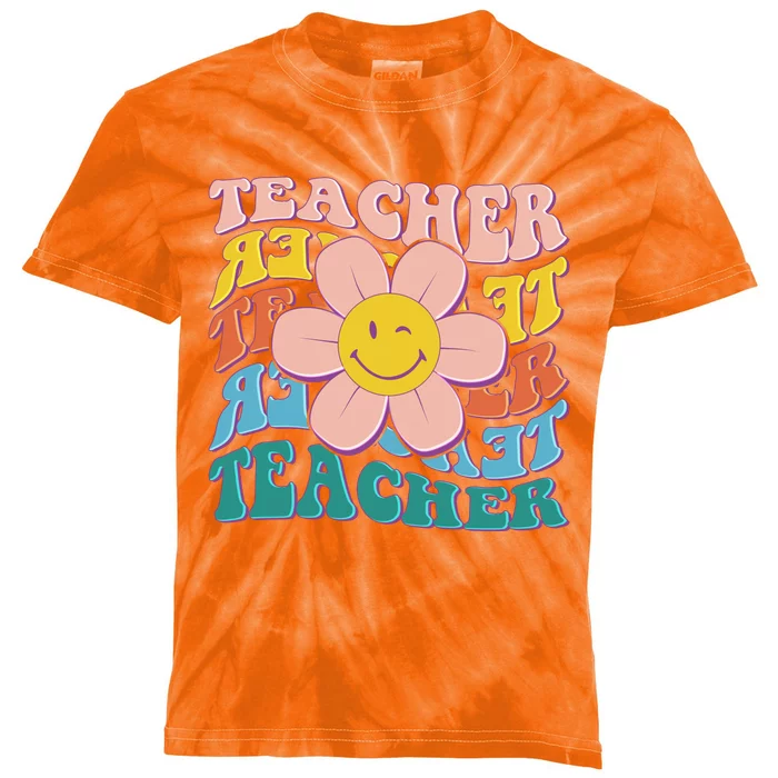 Retro Hippie Teacher Flower Smiley Emoji Kids Tie-Dye T-Shirt