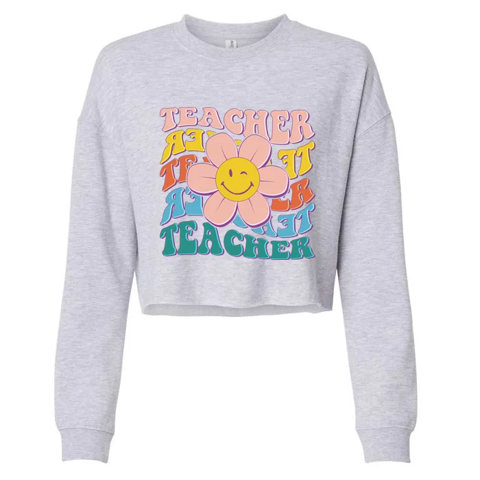 Retro Hippie Teacher Flower Smiley Emoji Cropped Pullover Crew