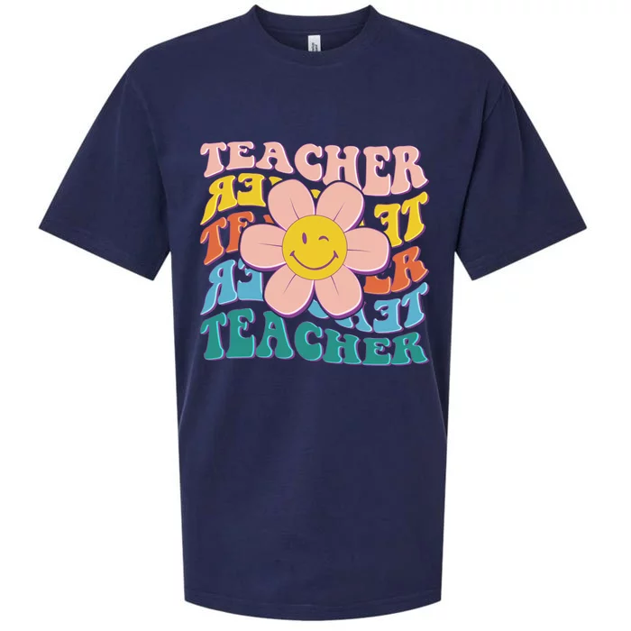 Retro Hippie Teacher Flower Smiley Emoji Sueded Cloud Jersey T-Shirt