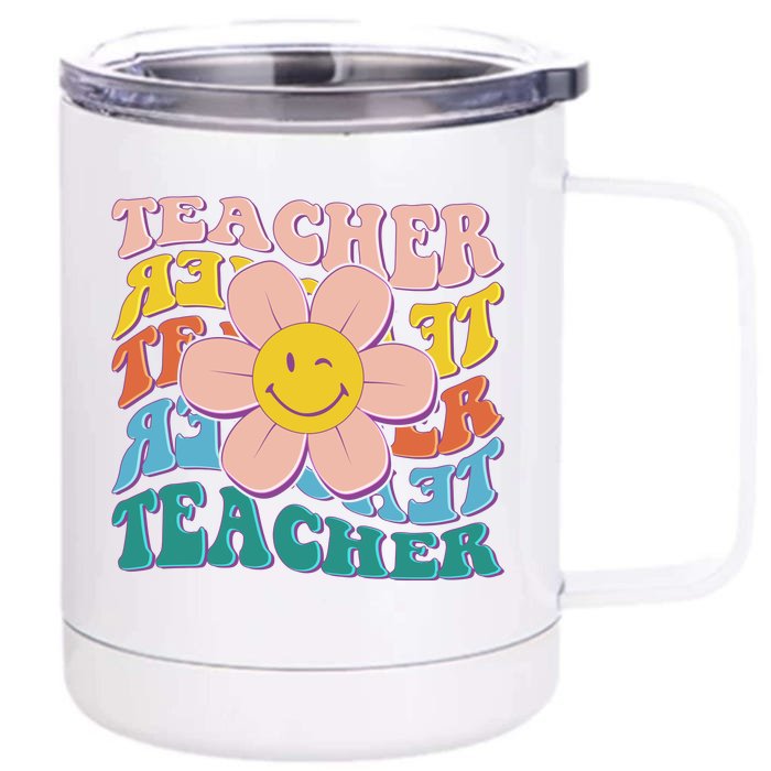 Retro Hippie Teacher Flower Smiley Emoji Front & Back 12oz Stainless Steel Tumbler Cup