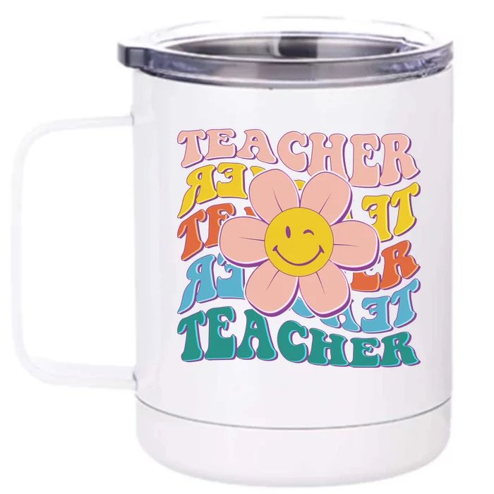 Retro Hippie Teacher Flower Smiley Emoji Front & Back 12oz Stainless Steel Tumbler Cup