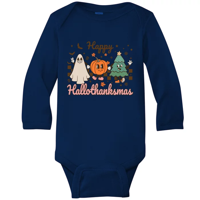 Retro Halloween Thanksgiving Christmas Happy Hallothanksmas Funny Gift Baby Long Sleeve Bodysuit