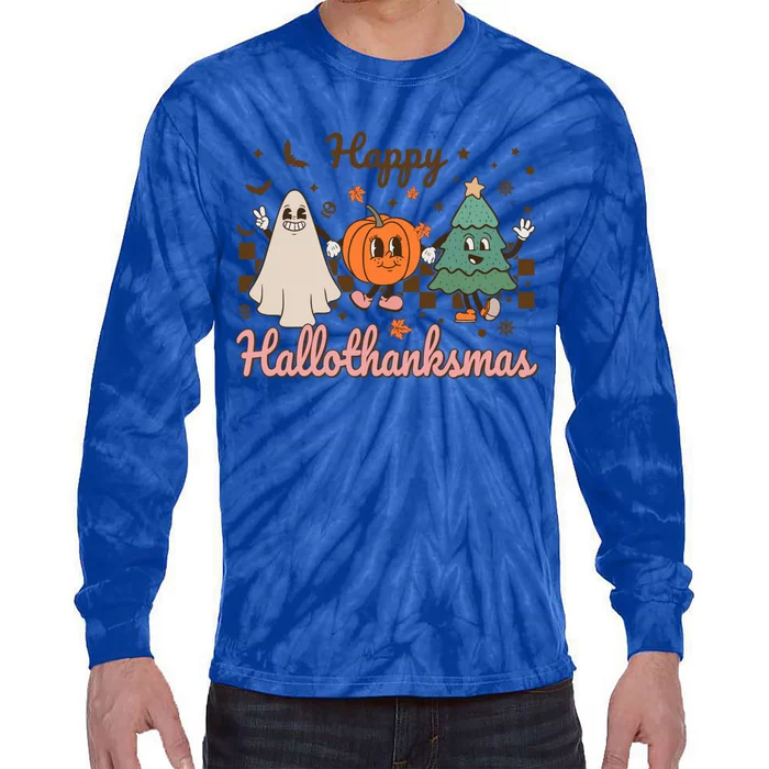 Retro Halloween Thanksgiving Christmas Happy Hallothanksmas Gift Tie-Dye Long Sleeve Shirt