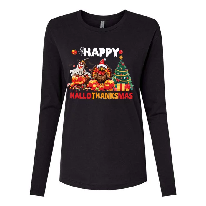 Retro Halloween Thanksgiving Christmas Happy Hallothanksmas Womens Cotton Relaxed Long Sleeve T-Shirt