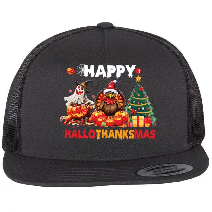 Retro Halloween Thanksgiving Christmas Happy Hallothanksmas Flat Bill Trucker Hat