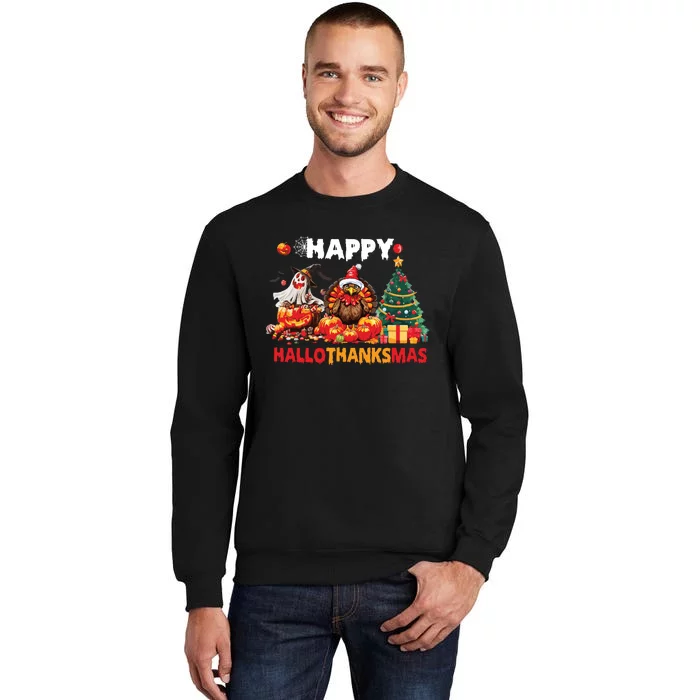 Retro Halloween Thanksgiving Christmas Happy Hallothanksmas Tall Sweatshirt