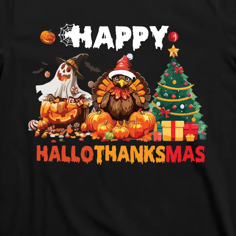 Retro Halloween Thanksgiving Christmas Happy Hallothanksmas T-Shirt