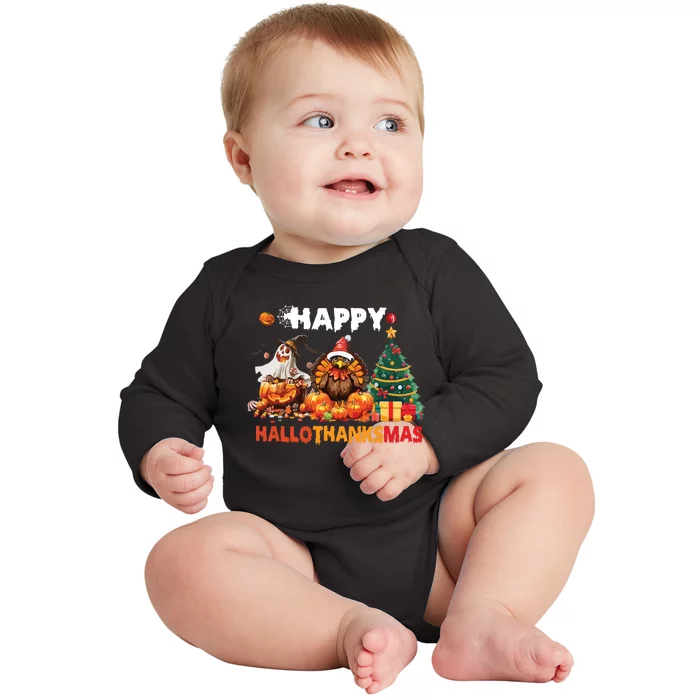 Retro Halloween Thanksgiving Christmas Happy Hallothanksmas Baby Long Sleeve Bodysuit