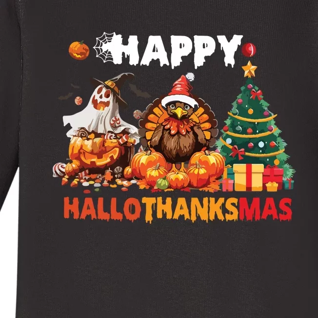 Retro Halloween Thanksgiving Christmas Happy Hallothanksmas Baby Long Sleeve Bodysuit