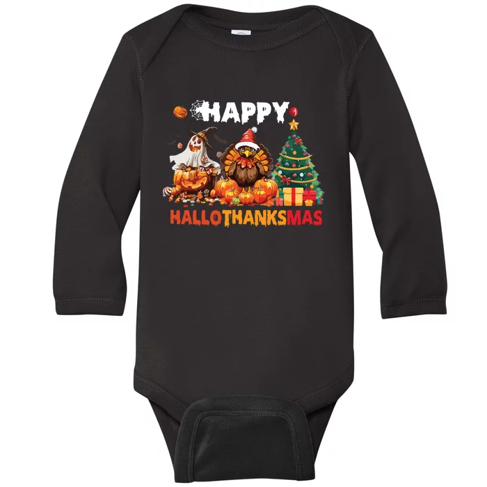 Retro Halloween Thanksgiving Christmas Happy Hallothanksmas Baby Long Sleeve Bodysuit