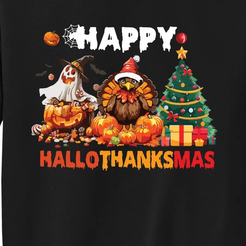 Retro Halloween Thanksgiving Christmas Happy Hallothanksmas Tall Sweatshirt