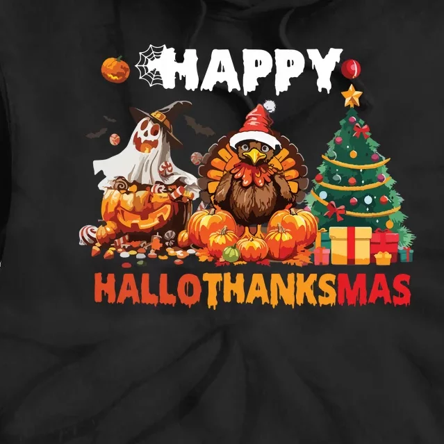 Retro Halloween Thanksgiving Christmas Happy Hallothanksmas Tie Dye Hoodie