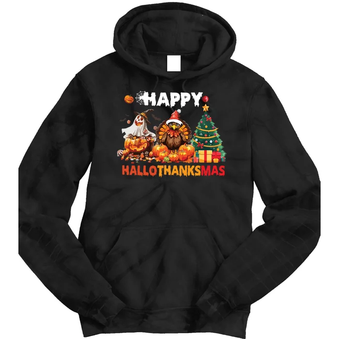 Retro Halloween Thanksgiving Christmas Happy Hallothanksmas Tie Dye Hoodie