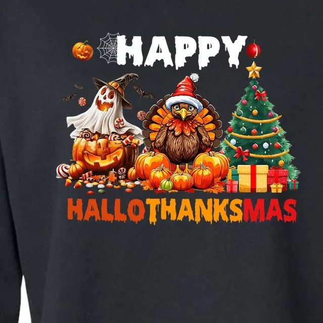 Retro Halloween Thanksgiving Christmas Happy Hallothanksmas Cropped Pullover Crew