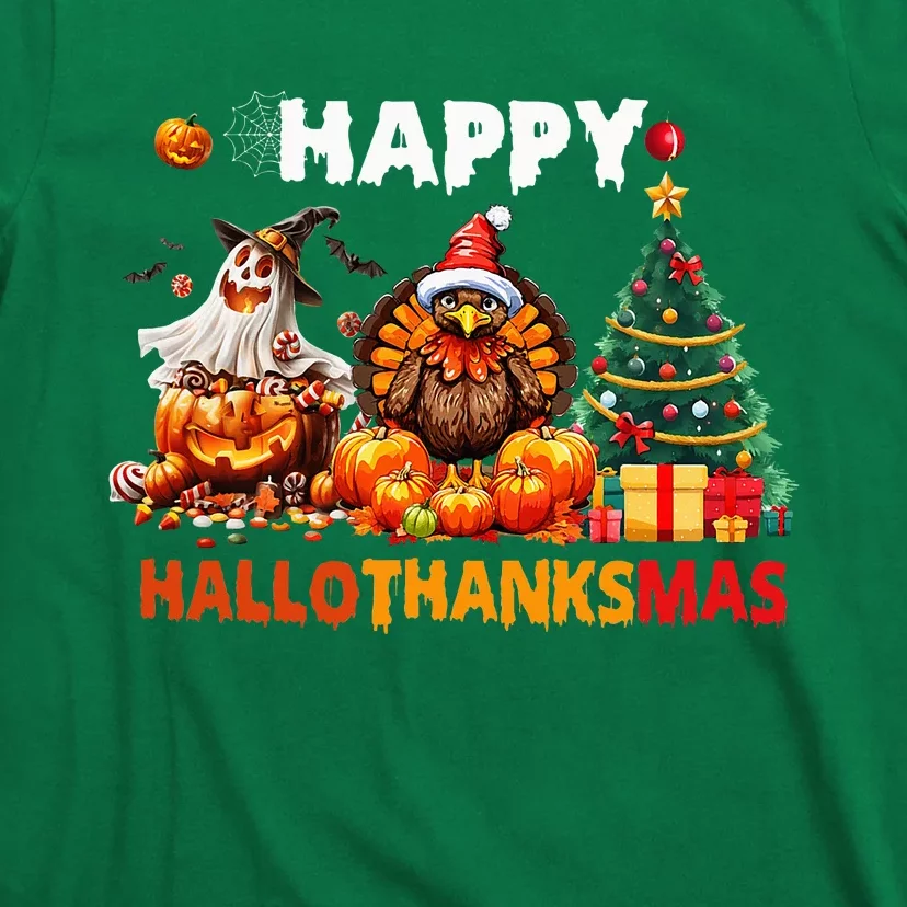 Retro Halloween Thanksgiving Christmas Happy Hallothanksmas T-Shirt