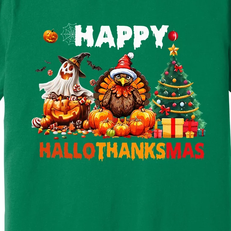 Retro Halloween Thanksgiving Christmas Happy Hallothanksmas Premium T-Shirt