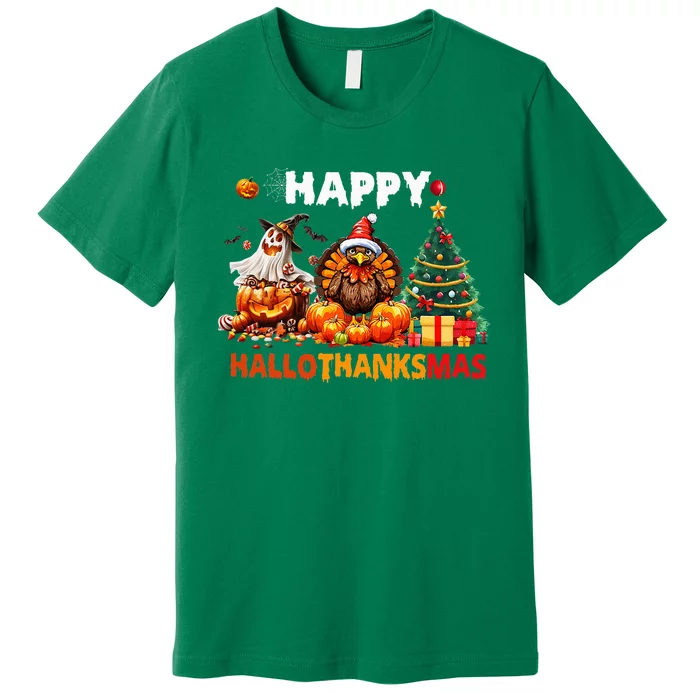 Retro Halloween Thanksgiving Christmas Happy Hallothanksmas Premium T-Shirt