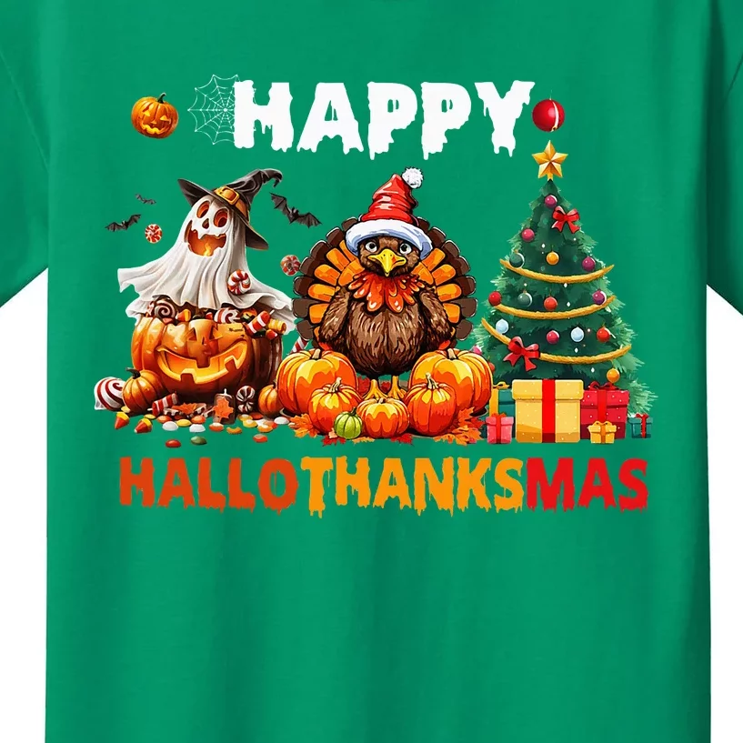 Retro Halloween Thanksgiving Christmas Happy Hallothanksmas Kids T-Shirt