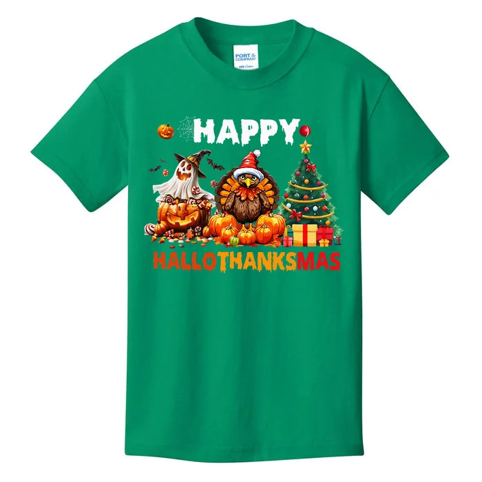 Retro Halloween Thanksgiving Christmas Happy Hallothanksmas Kids T-Shirt