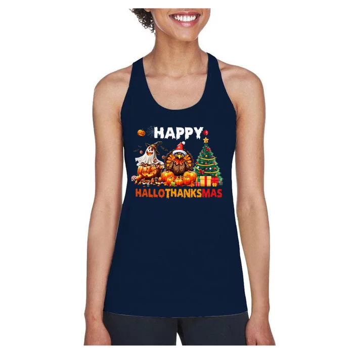 Retro Halloween Thanksgiving Christmas Happy Hallothanksmas Women's Racerback Tank