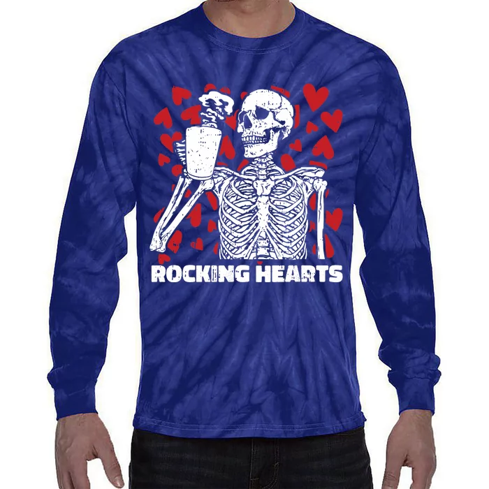 Rocking Hearts Valentines Day Funny Skeleton Drinking Coffee Tie-Dye Long Sleeve Shirt