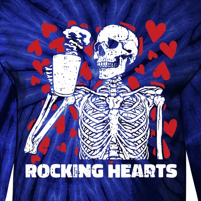 Rocking Hearts Valentines Day Funny Skeleton Drinking Coffee Tie-Dye Long Sleeve Shirt