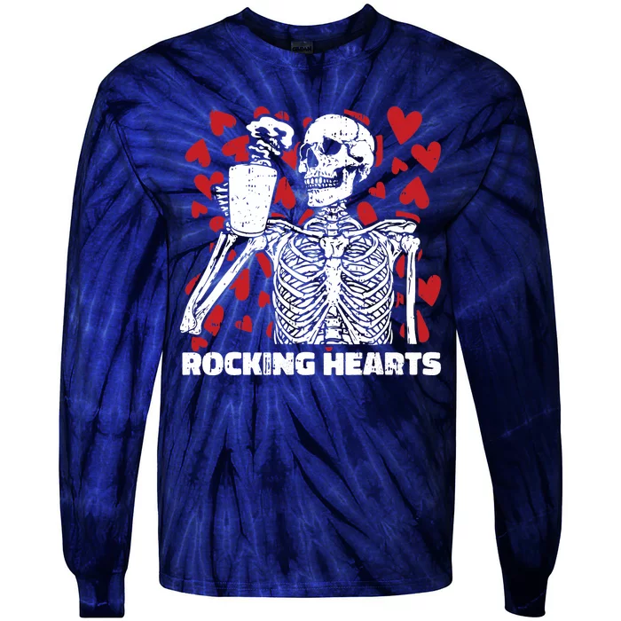 Rocking Hearts Valentines Day Funny Skeleton Drinking Coffee Tie-Dye Long Sleeve Shirt