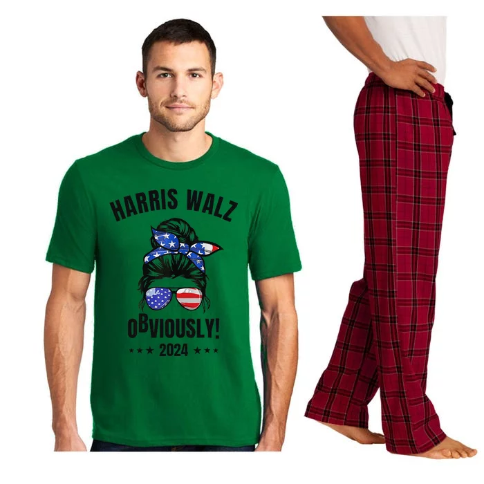 Retro Harris Walz Obviously 2024 Messy Bun American Flag Pajama Set