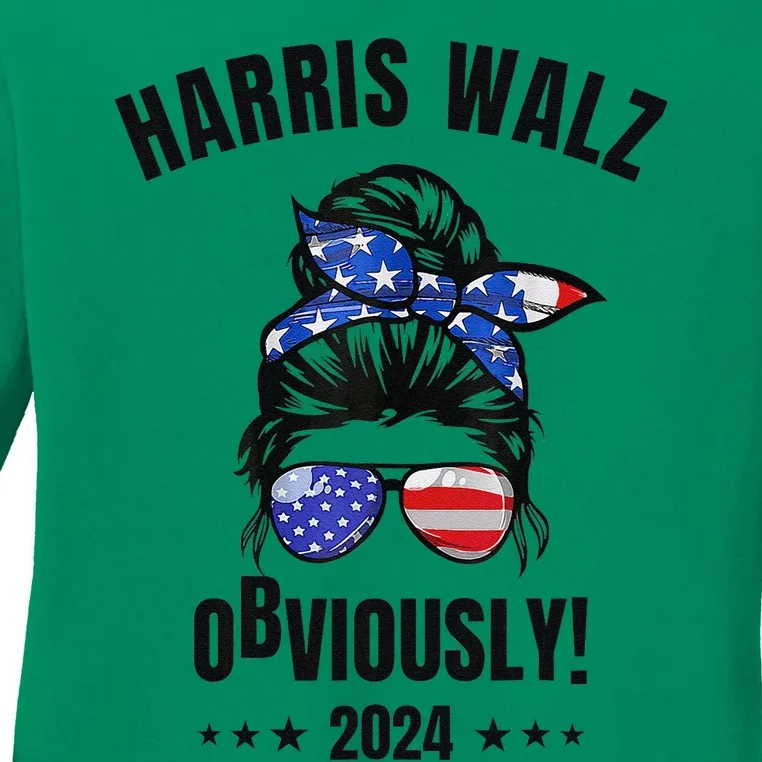 Retro Harris Walz Obviously 2024 Messy Bun American Flag Ladies Long Sleeve Shirt