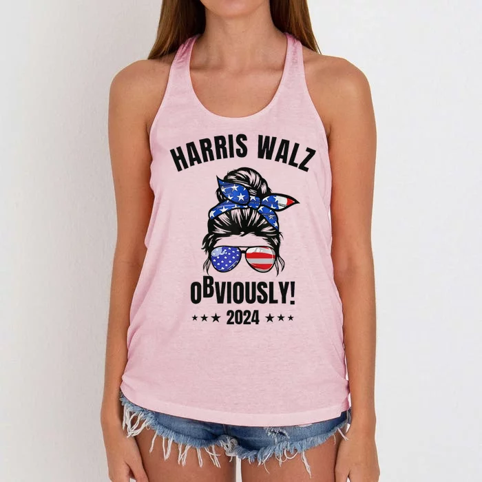 Retro Harris Walz Obviously 2024 Messy Bun American Flag Women's Knotted Racerback Tank