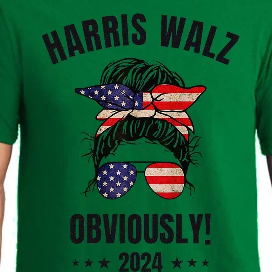 Retro Harris Walz Obviously 2024 Messy Bun American Flag Pajama Set