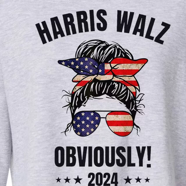 Retro Harris Walz Obviously 2024 Messy Bun American Flag Cropped Pullover Crew