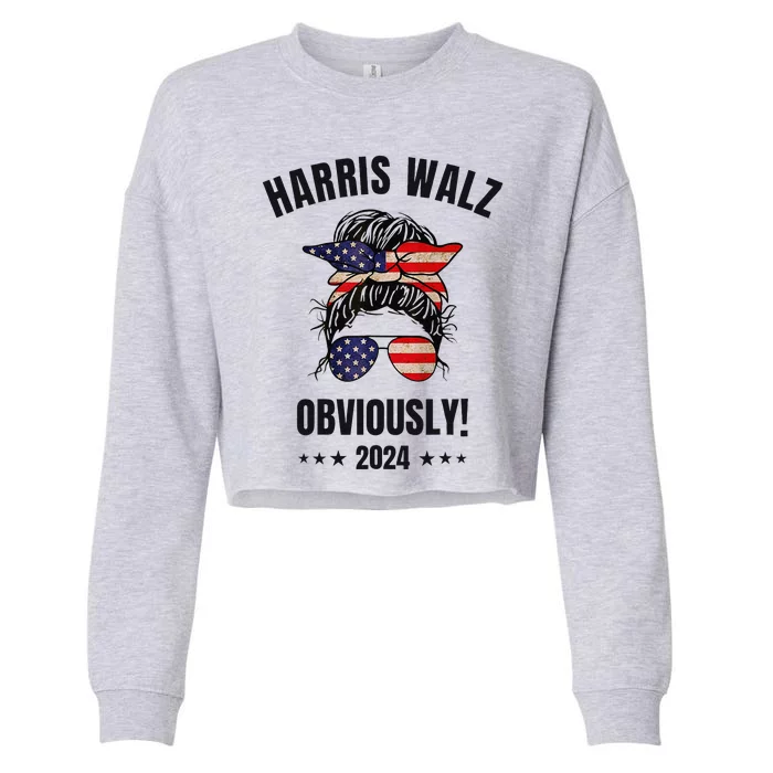 Retro Harris Walz Obviously 2024 Messy Bun American Flag Cropped Pullover Crew