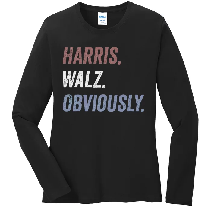 Retro Harris Walz Obviously 2024 Vintage American Flag Ladies Long Sleeve Shirt