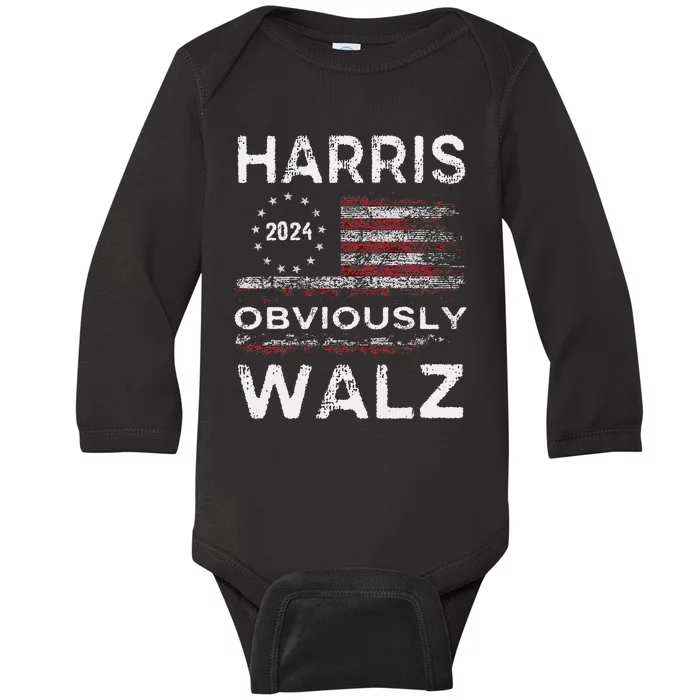 Retro Harris Walz Obviously 2024 Vintage American Flag Baby Long Sleeve Bodysuit