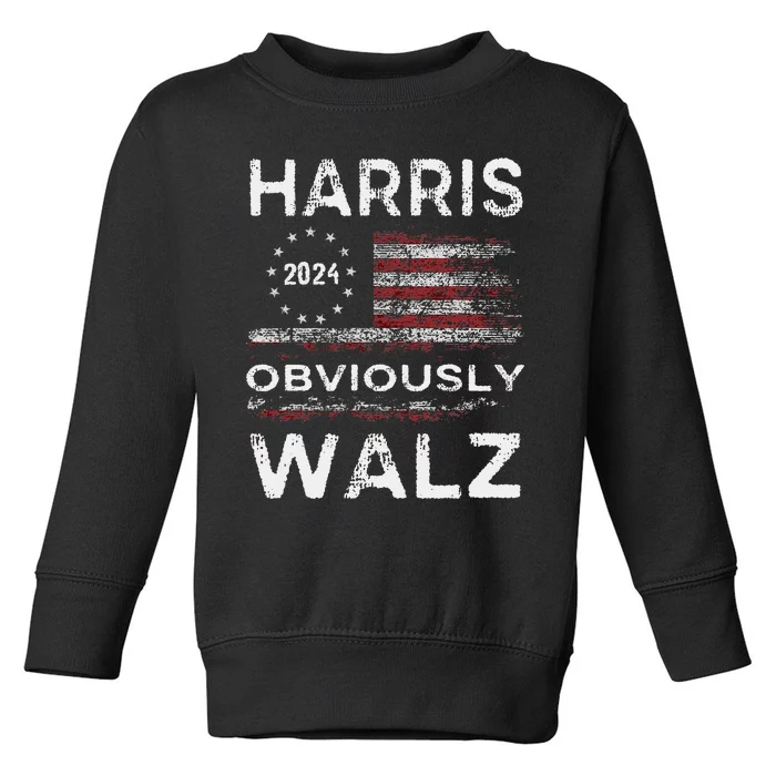 Retro Harris Walz Obviously 2024 Vintage American Flag Toddler Sweatshirt