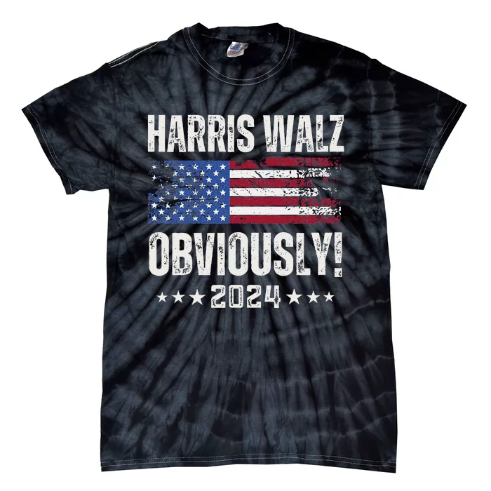 Retro Harris Walz Obviously 2024 Vintage American Flag Tie-Dye T-Shirt