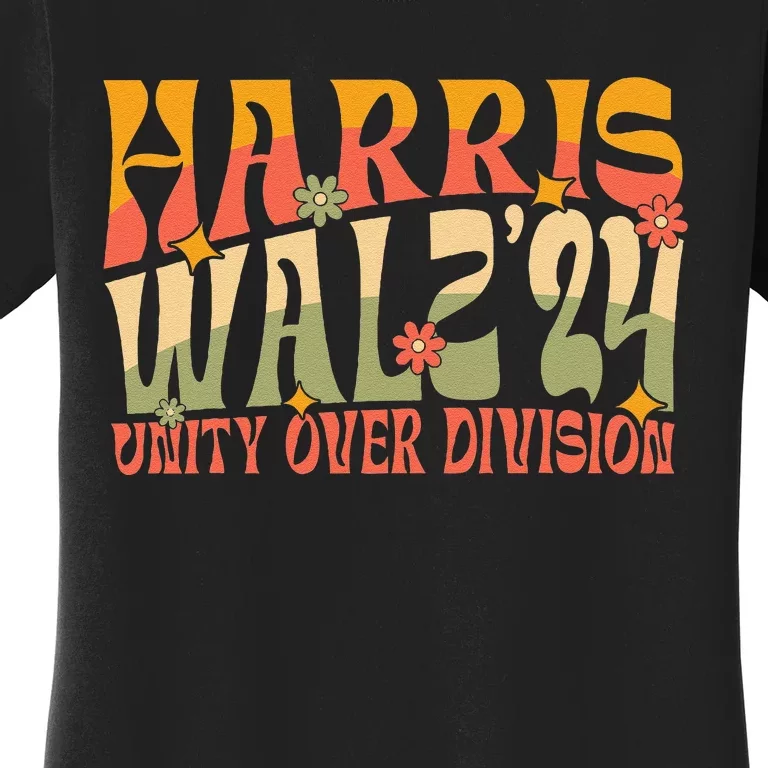 Retro Harris Waltz Walz 2024 Unity Over Division Boho Groovy Women's T-Shirt