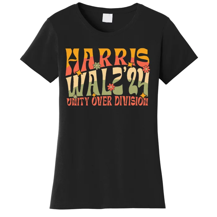 Retro Harris Waltz Walz 2024 Unity Over Division Boho Groovy Women's T-Shirt